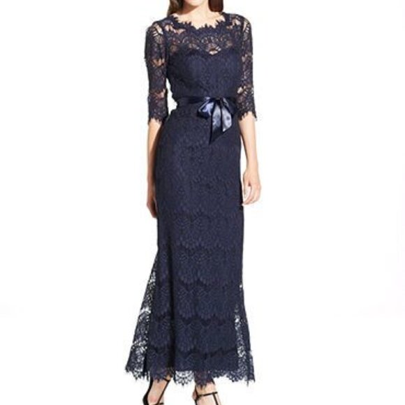Xscape Dresses & Skirts - Xscape Floor Length Formal Sheath Dress w/Lace Macrame Overlay Navy Blue Size 12